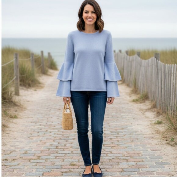 Sail to Sable Cashmere Wool Double Bell Sleeve Sweater, Periwinkle M NWT - Picture 1 of 6